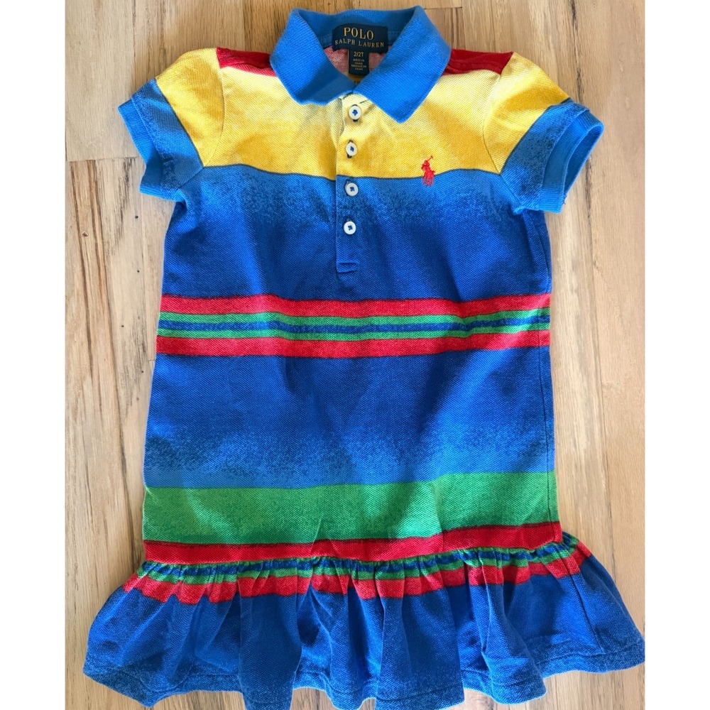 Polo Ralph Lauren Toddler Girls 2T Rainbow Striped Cotton Mesh Polo Dress Ruffle